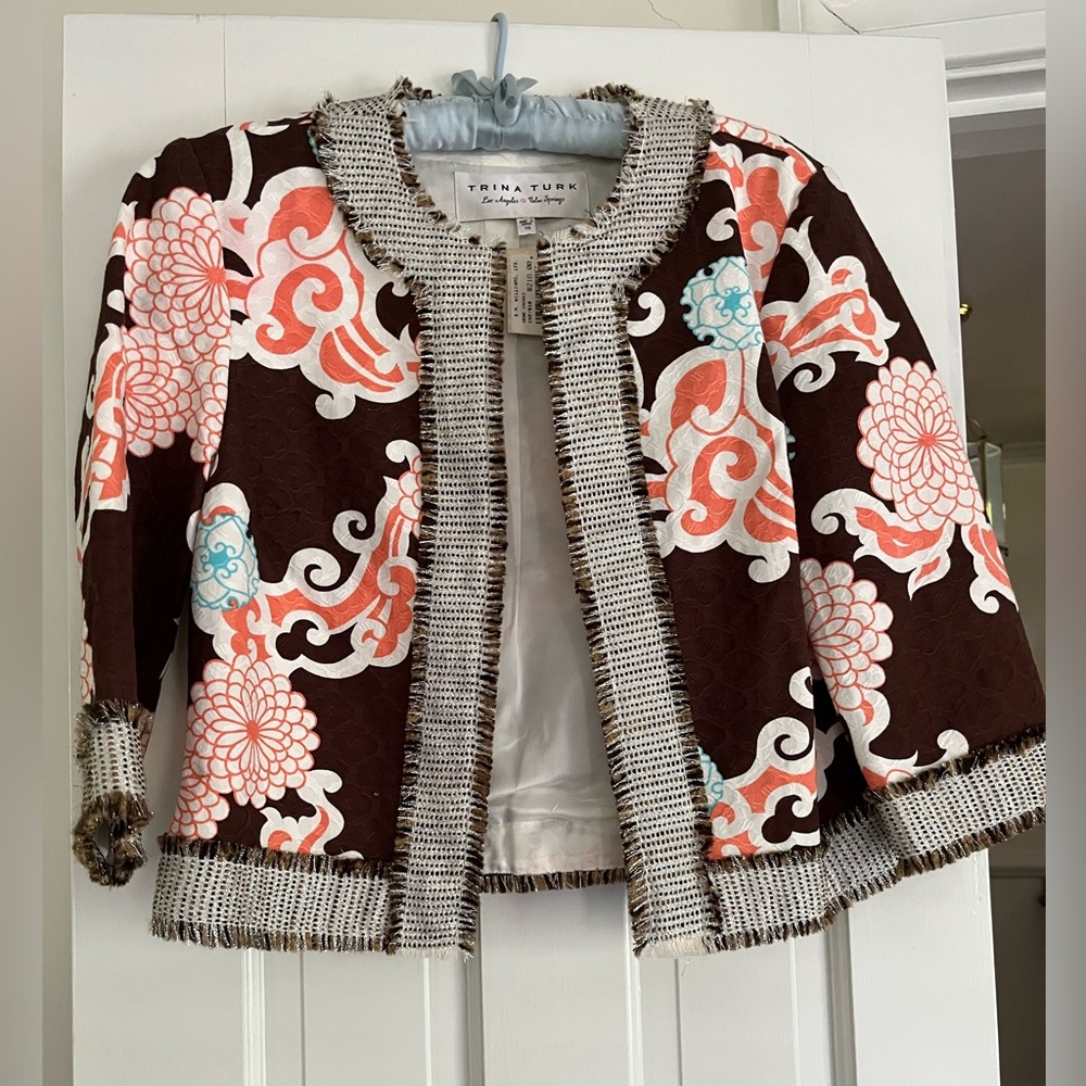TRINA TURK brown, coral jacket with metallic fringe trim Jean Jacket! NWT
